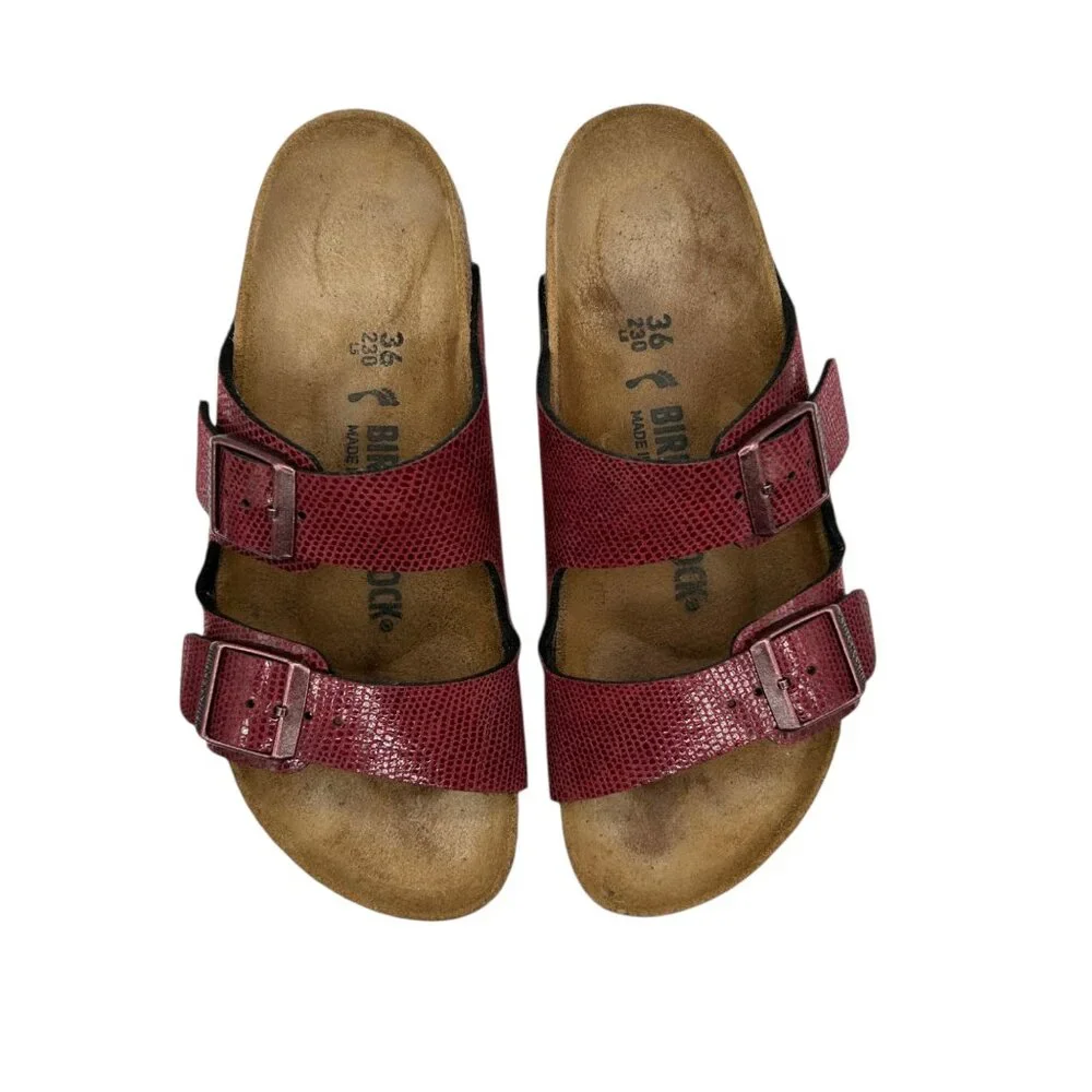 Birkenstock Arizona Birko-Flor Maroon Snake Pattern 2 Straps Slide Sandals 36